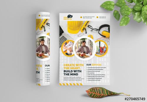 Building Flyer Layout with Yellow Accents and Circular Photo Elements - 270465749