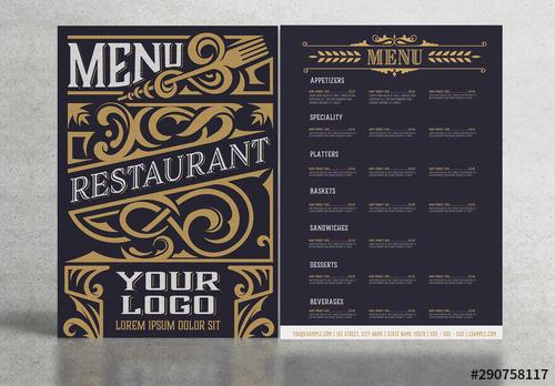 Restaurant Menu Layout with Ornamental Elements - 290758117