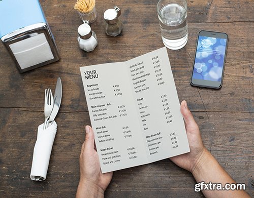 Restaurant Menu and Smartphone on Wooden Table Mockup 213113928