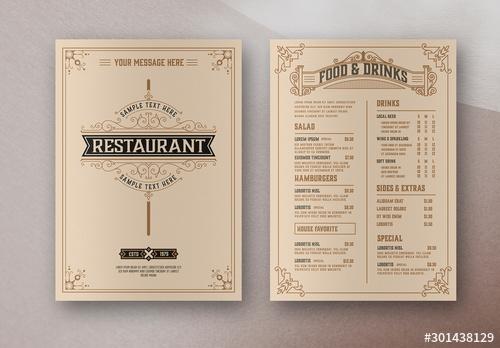 Restaurant Menu Layout with Ornamental Elements - 301438129