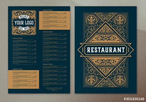 Restaurant Menu Layout with Ornamental Elements - 301438148