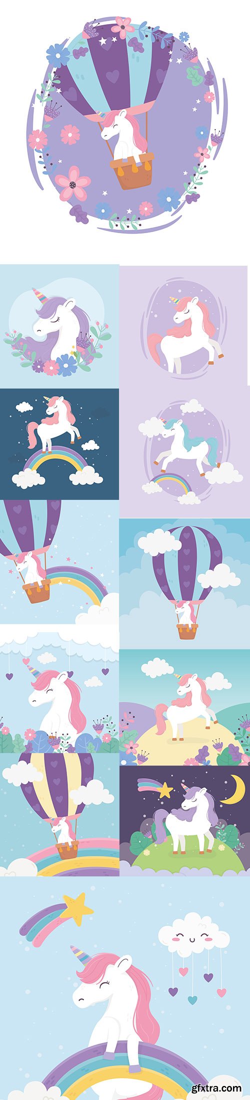 Happy Unicorn with Rainbows Illustrations Vector Set
