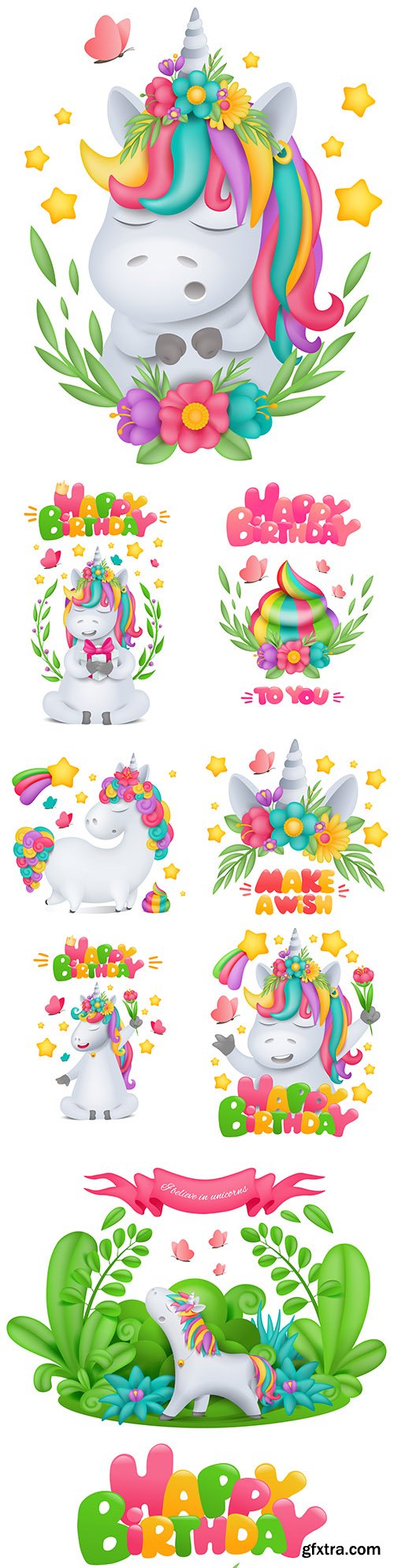 Unicorn cartoon birthday greeting card design