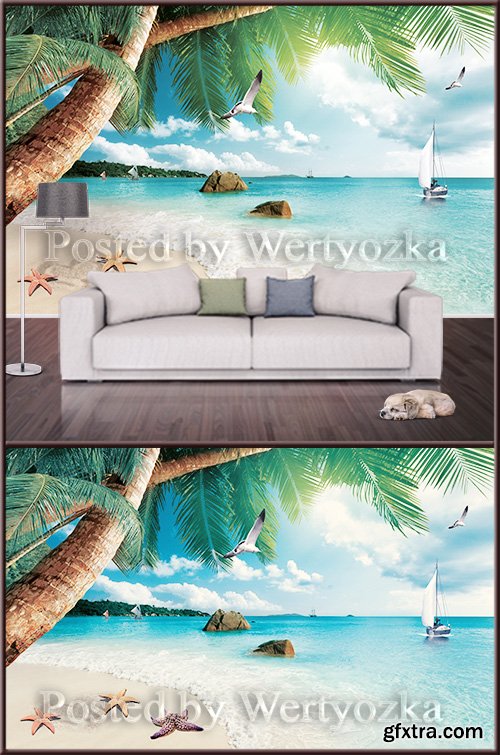 3D psd background wall sailing ship at sea and palm trees