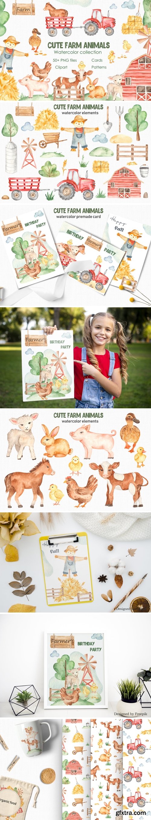 Watercolor cute farm animals. Collection clipart