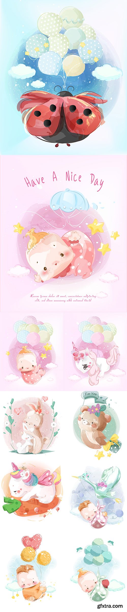 Newborn Baby Assembling and Cute Baby Animals Backgrounds