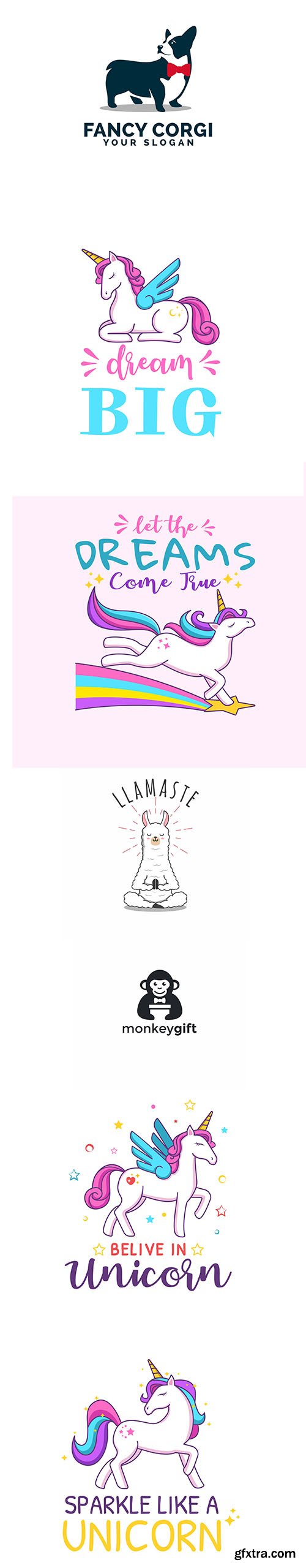 Cute Unicorn, Llama, Monkey and Korgi Dog Logo Template