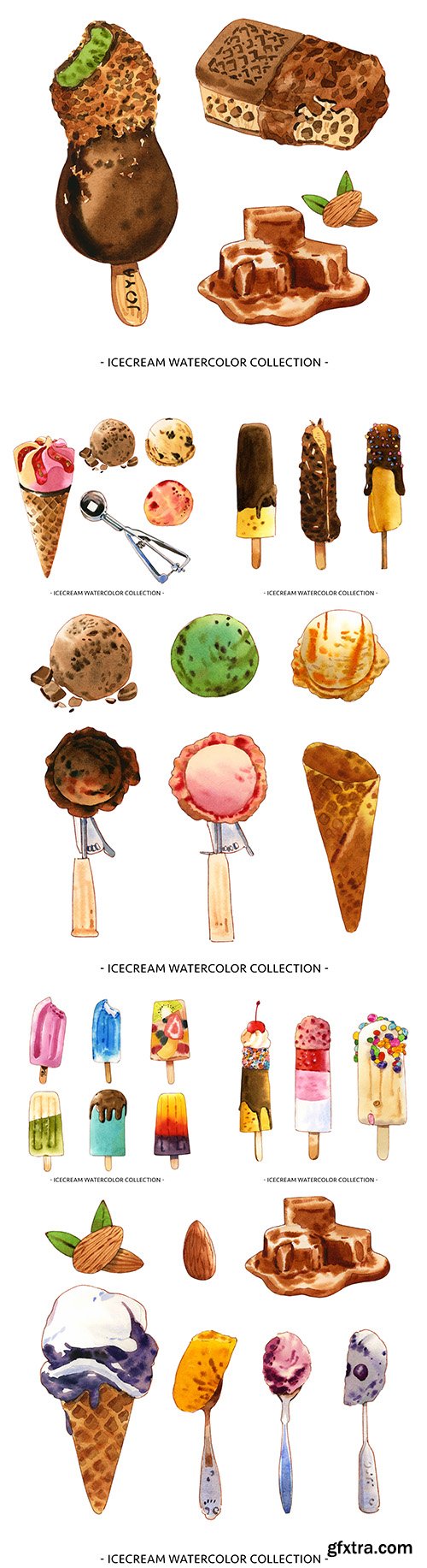 Ice cream with nuts and chocolate watercolor illustrations