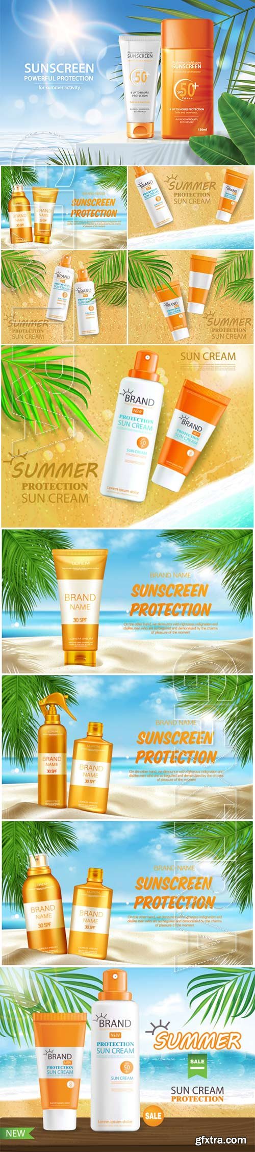 Sunscreen protection cosmetic, mock up banner vector illustration