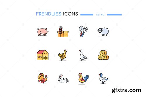 Farm animals and objects - line design style icons
