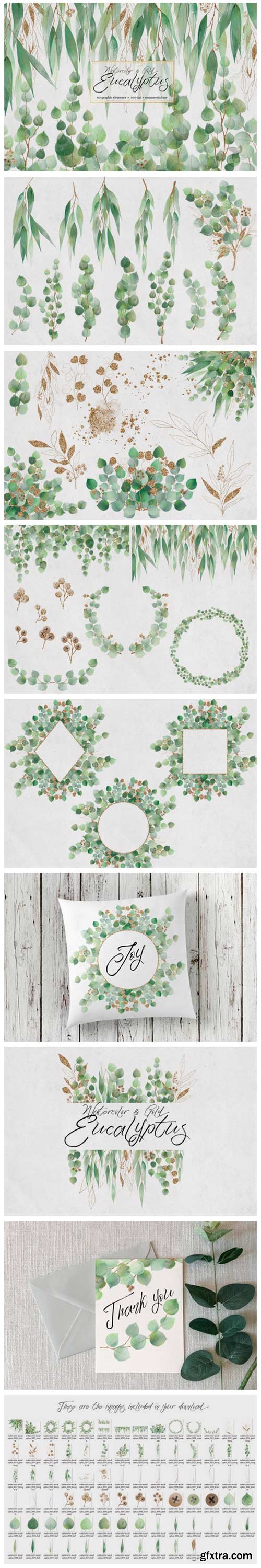 Watercolor and Gold Eucalyptus Clipart 4144858