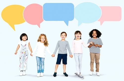 Group of diverse kids with blank speech bubbles - 504186
