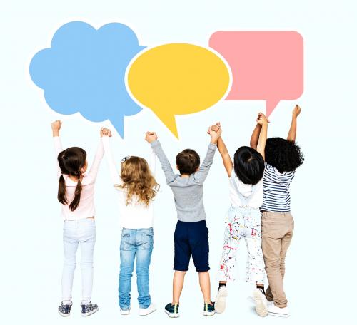 Group of diverse kids with blank speech bubbles - 504201
