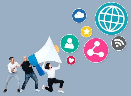 People with a megaphone and social media marketing icons - 475520
