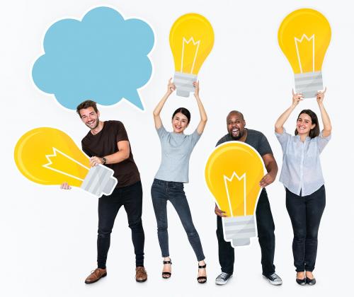 Group of diverse people with bright light bulbs and a blank speech bubble - 477268