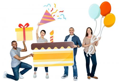 Happy diverse people holding birthday cake - 469446