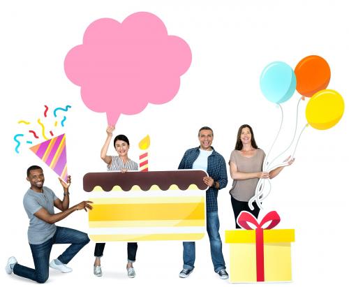 Happy diverse people holding birthday cake - 469456