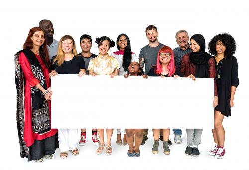 Group of diversity people holding copyspace empty board - 6375