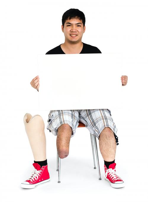 Asian disabled man holding empty board - 6384