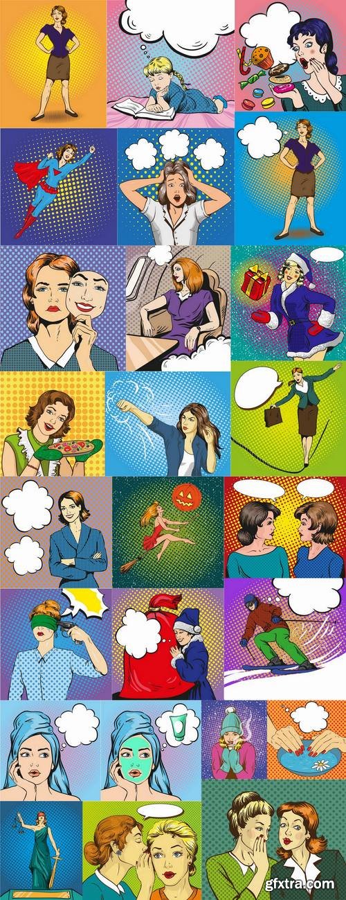 Comic book illustration girl woman with different emotions and thoughts 25 EPS