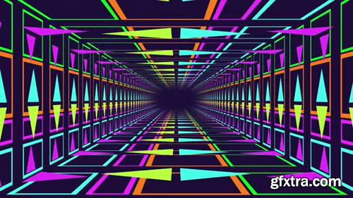 Videohive Moving through neon lit tunnel with colourful triangles 30216054
