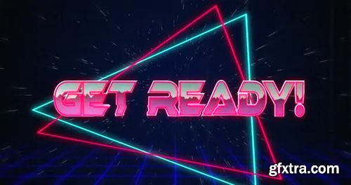Videohive Retro Get Ready text glitching over blue and red triangles on white hyperspace effect 30216092