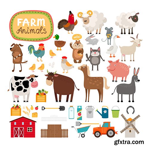 Set of farm animals agricultural accessories