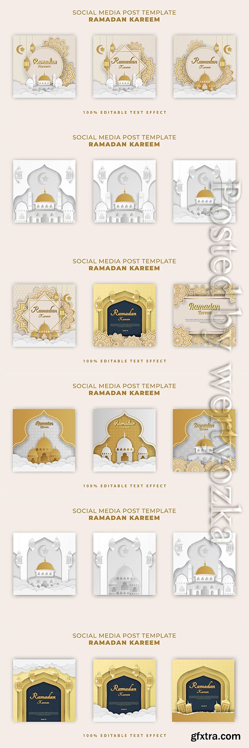 Ramadan kareem islamic banner with gold white paper cut style