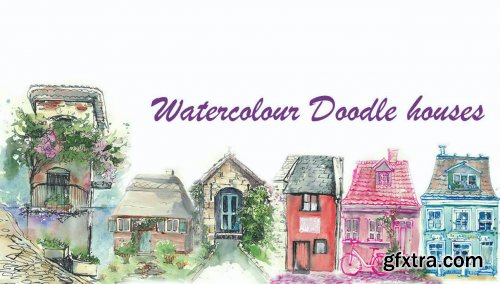 Watercolour and ink doodle houses