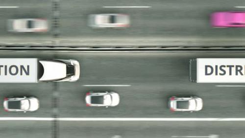 Videohive - Trucks with DISTRIBUTION Text Driving Along the Highway - 32942366