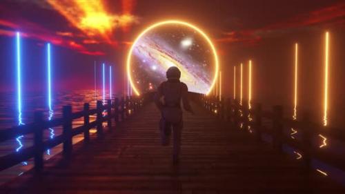 Videohive - Astranaut Runs Along the Endless Wooden Bridge Across the Ocean to His Dream - 33547474
