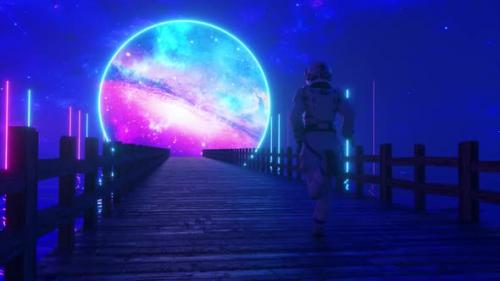 Videohive - Astranaut Runs Along the Endless Wooden Bridge Across the Ocean to His Dream - 33547484