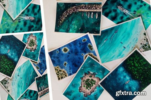 Aerial Seascapes | 6 Paintings | Ocean paintings with Watercolors