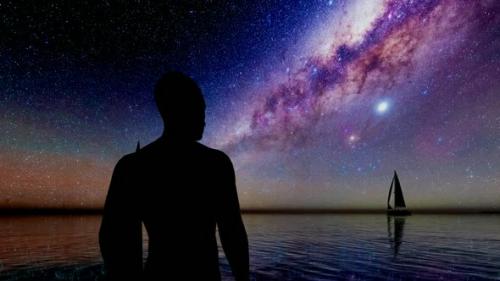 Videohive - Night Ocean Milkyway Landscape and Surfer Man - 33692748