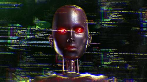 Videohive - Humanoid Android Robot With Artificial Intelligence Reading Programming Codes - 35818813