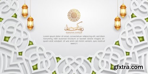 Luxury white ramadan horizontal arabesque ornamental islamic background banner eid mubarak Premium Vector