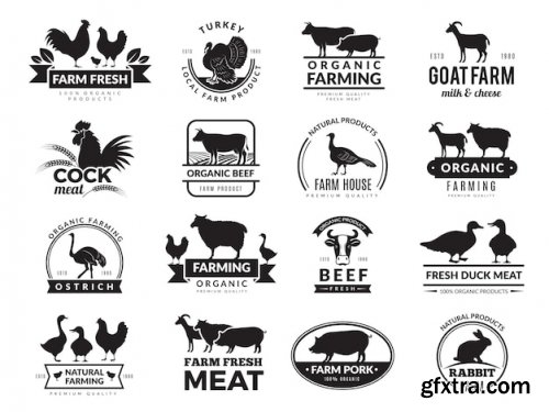 Farm animals. business logo with domestic animals cow chicken goat healthy food symbols farm collection Premium Vector