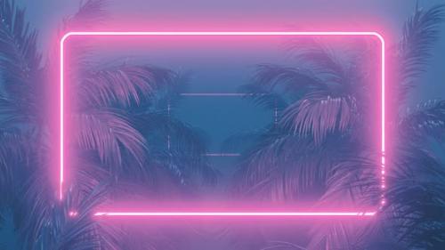 Videohive - Retrowave Glowing Rectangle Frame Appears in the Tropical Palm Tree Zoom in - 37933302
