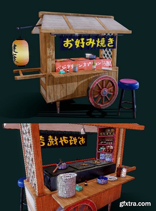 Japanese food cart (yatai) selling okonomiyaki 3D Model
