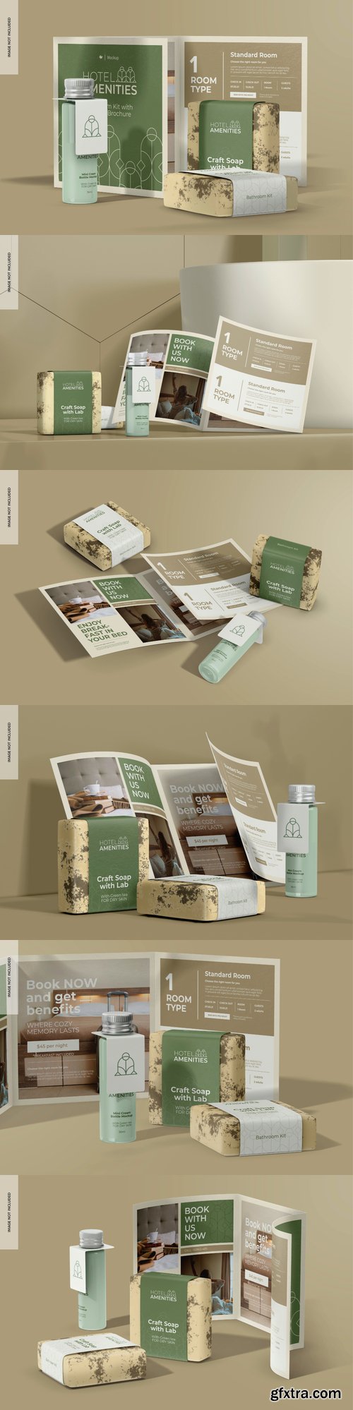 Bathroom kit with tri fold brochure mockup