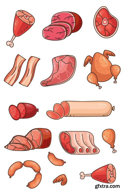 Meat food raw steak chicken beef pork sausage barbecue isolated set collection concept