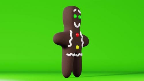 Videohive - Gingerbread man chroma key green screen background 3D animation loop Cute funny sweet holiday cookie - 40728544
