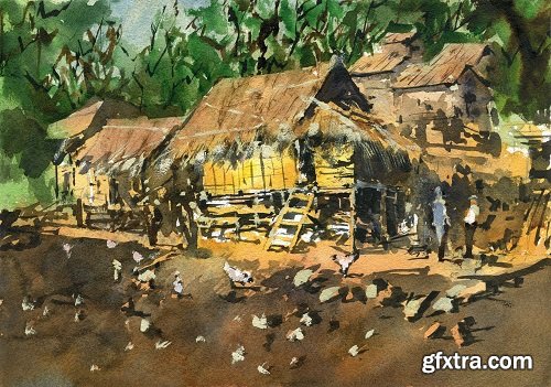 Village Huts in Watercolour: Laos