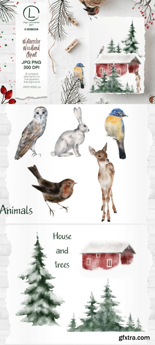 Watercolor Winter Woodland - Plants & Animals Clipart