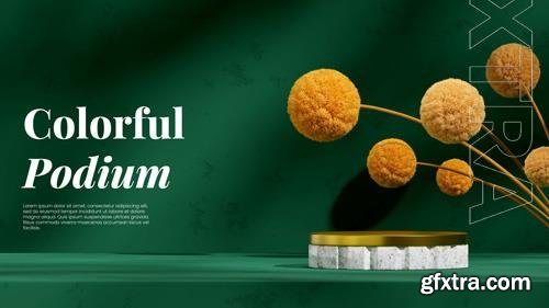 PSD in landscape gold and marble podium 3d rendering scene template dark green wall and yellow mimosa