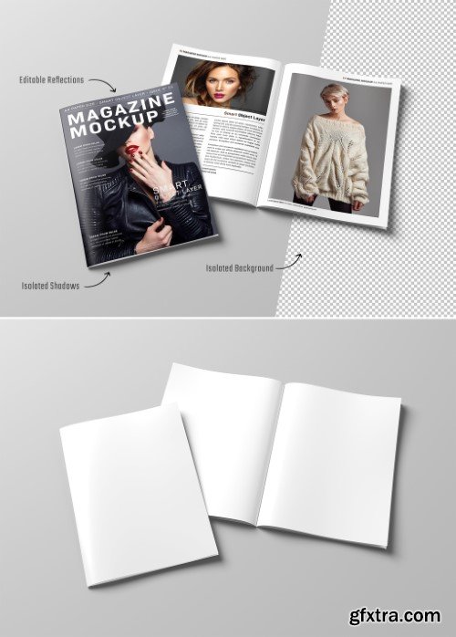 Isolated Magazine Cover and Open Magazine Mockup on White Background