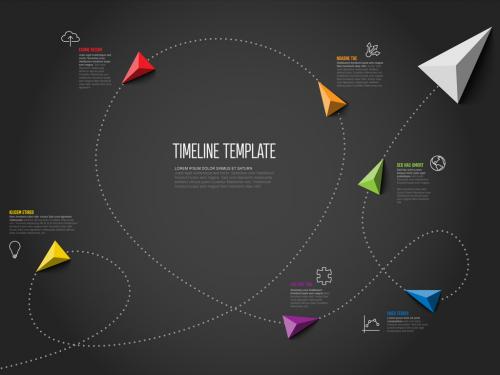 Infographic dotted curved timeline template with triangle arrows on dark background 586878057