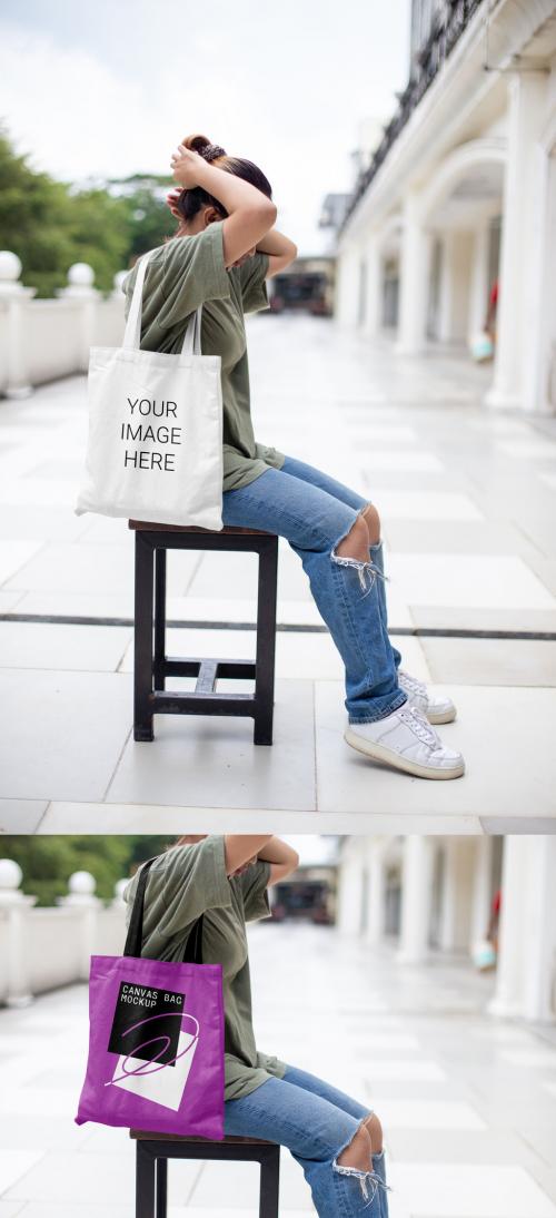 Women with Canvas Bag Mockup 591926969