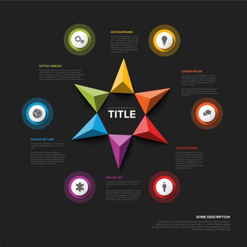 Six elements infographic with icons circles and triangle arrows on black background 586878089