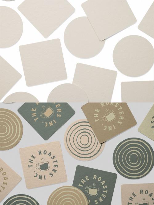 Mockup of customizable round and square cardboard coasters with customizable background 634459083